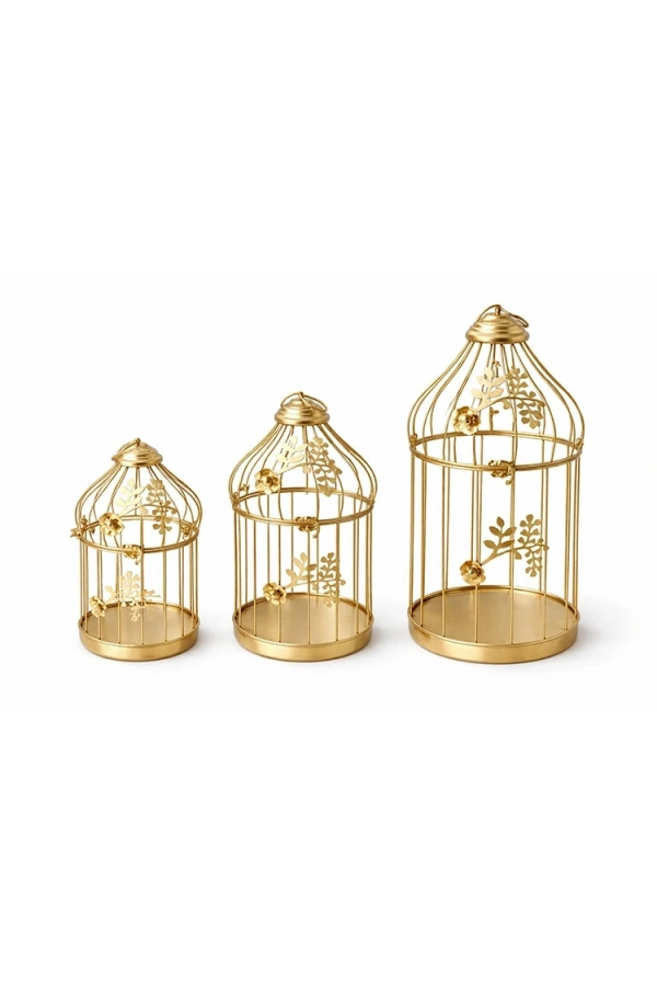 Bidebuvar Dekoratif Gold Metal 3lü Kafes Mumluk Seti