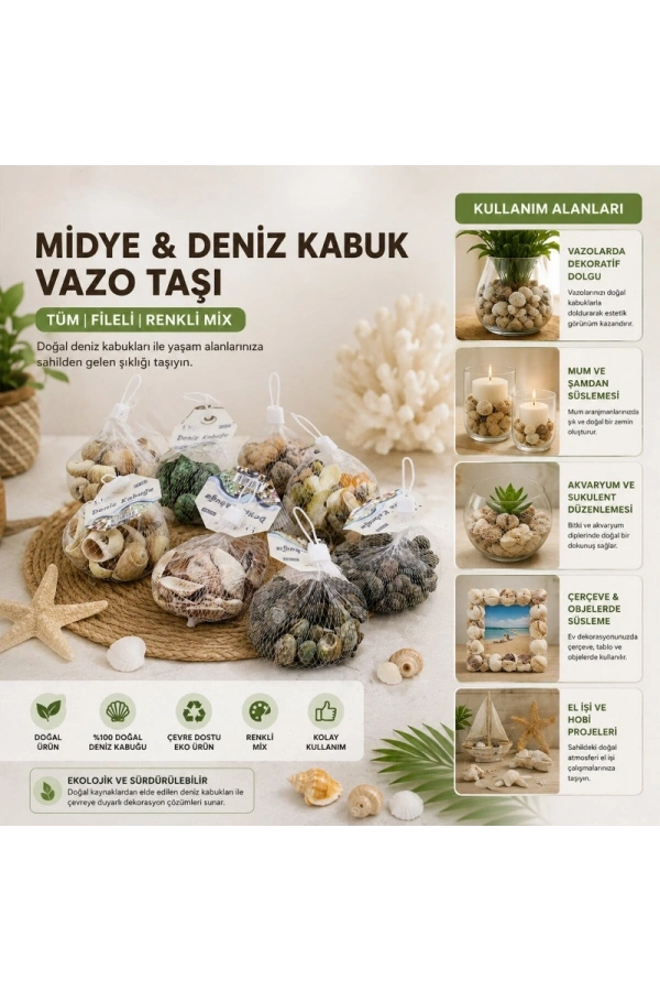 Bidebuvar Dekoratif Vazo Taşı - Midye ve Deniz Kabuğu - Fileli Renkli Mix