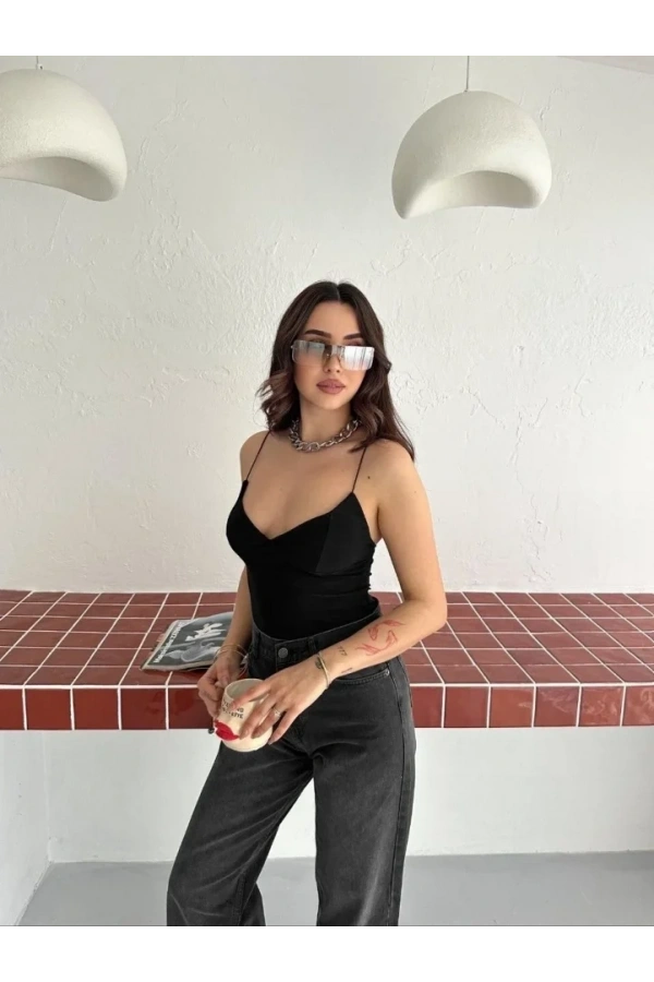 Bidebuvar Derin Dekolte Askılı Body Sırt Dekolteli Şık Kolsuz Yazlık Bodysuit - Siyah