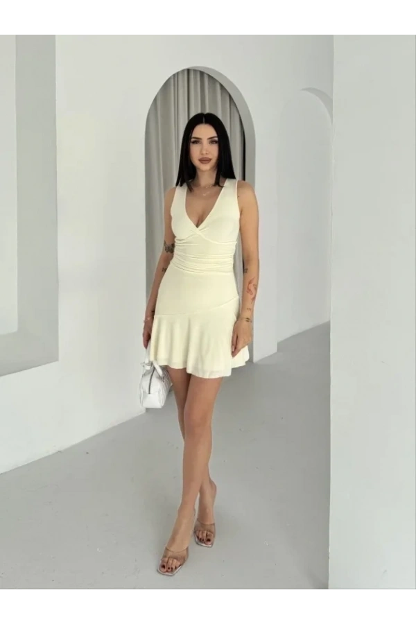 Bidebuvar Derin V Yaka Sırt Dekolteli Mini Elbise Drapeli Şık Kolsuz - Açık Sarı