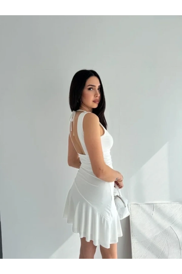 Bidebuvar Derin V Yaka Sırt Dekolteli Mini Elbise Drapeli Şık Kolsuz - Beyaz
