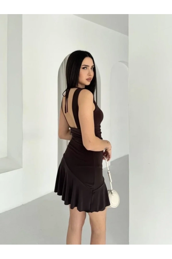 Bidebuvar Derin V Yaka Sırt Dekolteli Mini Elbise Drapeli Şık Kolsuz - Kahverengi