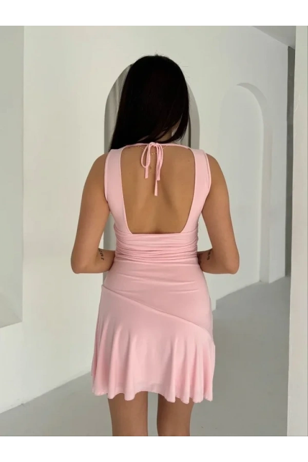Bidebuvar Derin V Yaka Sırt Dekolteli Mini Elbise Drapeli Şık Kolsuz - Pembe