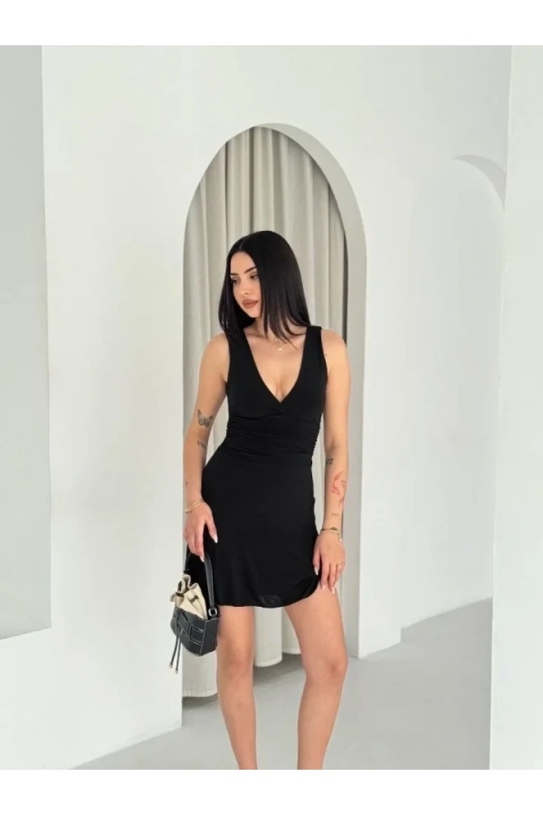 Bidebuvar Derin V Yaka Sırt Dekolteli Mini Elbise Drapeli Şık Kolsuz - Siyah