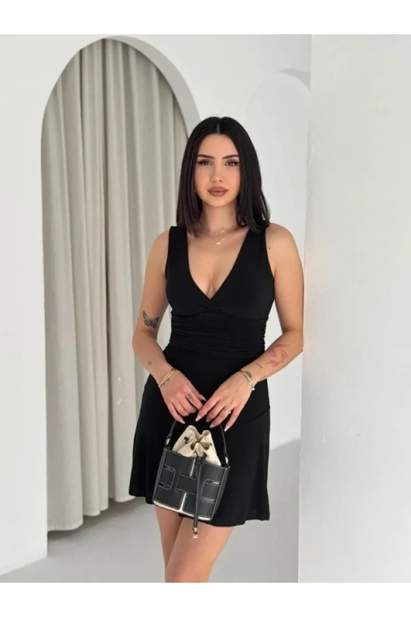 Bidebuvar Derin V Yaka Sırt Dekolteli Mini Elbise Drapeli Şık Kolsuz - Siyah