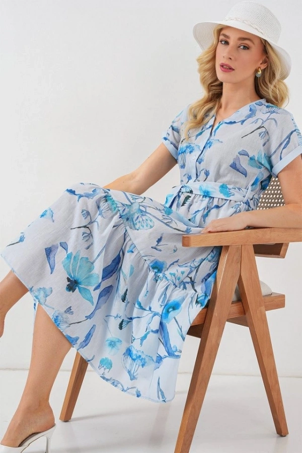 Bidebuvar Desenli Kısa Kol Elbise 2558 - Mavi