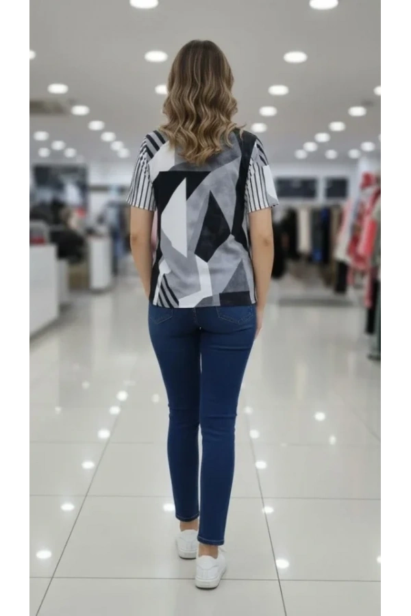 Bidebuvar Desenli Püsküllü Viskon Bluz Bebe Yaka Kısa Kollu Big Size Rahat Kesim - Desenli