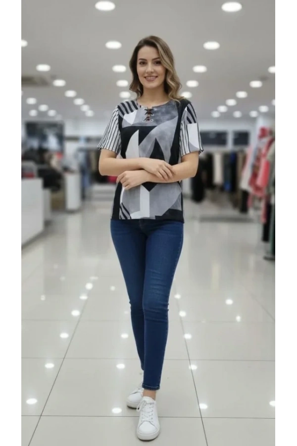 Bidebuvar Desenli Püsküllü Viskon Bluz Bebe Yaka Kısa Kollu Big Size Rahat Kesim - Desenli