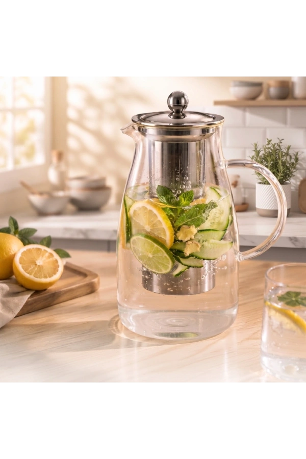 Bidebuvar Detoks Sürahisi - 1500 ml - Paslanmaz Çelik Filtre - Cam