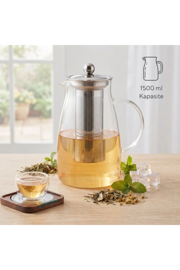 Bidebuvar Detoks Sürahisi - 1500 ml - Paslanmaz Çelik Filtre - Cam