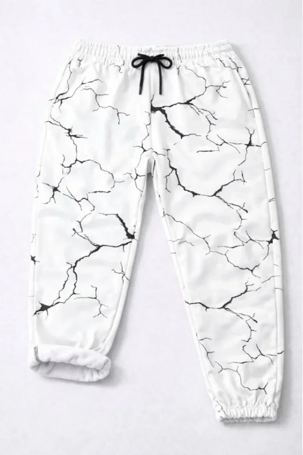 Bidebuvar Dijital Baskılı Eşofman Altı Kışlık Üç İplik Şardonlu Kumaş Lastikli Paça, Cepli, Rahat Kalıp - Beyaz