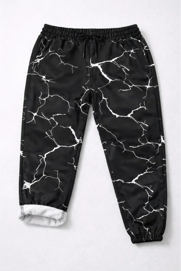 Bidebuvar Dijital Baskılı Eşofman Altı Kışlık Üç İplik Şardonlu Kumaş Lastikli Paça, Cepli, Rahat Kalıp - Siyah