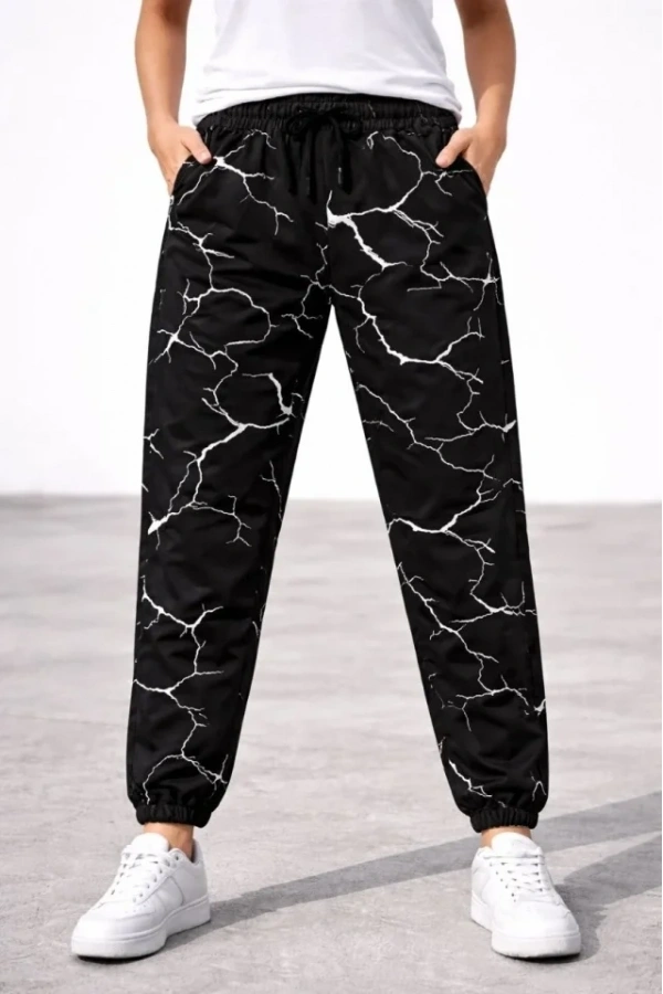 Bidebuvar Dijital Baskılı Eşofman Altı Kışlık Üç İplik Şardonlu Kumaş Lastikli Paça, Cepli, Rahat Kalıp - Siyah