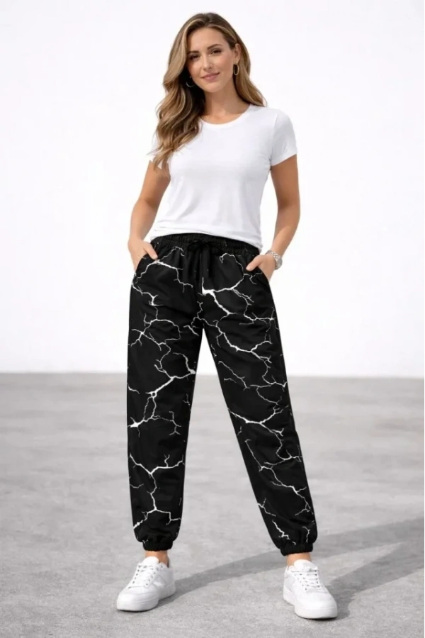 Bidebuvar Dijital Baskılı Eşofman Altı Kışlık Üç İplik Şardonlu Kumaş Lastikli Paça, Cepli, Rahat Kalıp - Siyah