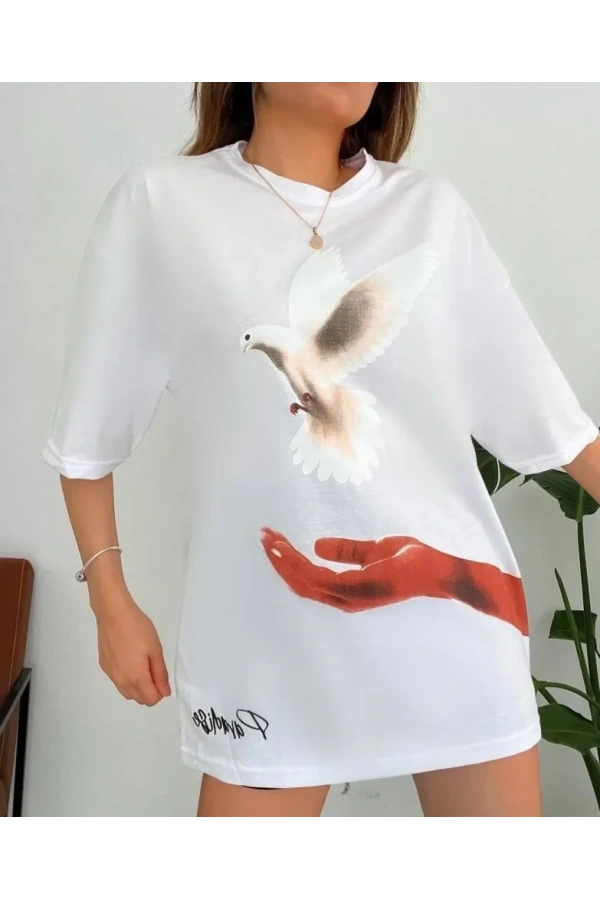 Bidebuvar Dijital Baskılı T-Shirt - Beyaz