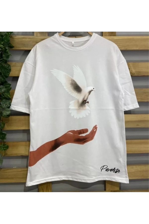 Bidebuvar Dijital Baskılı T-Shirt - Beyaz