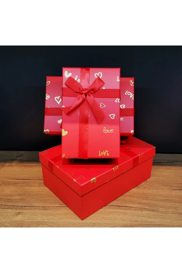 Bidebuvar Dikdörtgen 3lü Kırmızı Hediye Kutusu