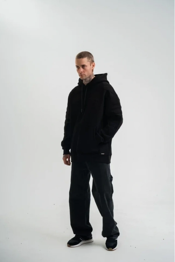 Bidebuvar Double Oversize Kapşonlu Nakışlı SweatShirt - Siyah