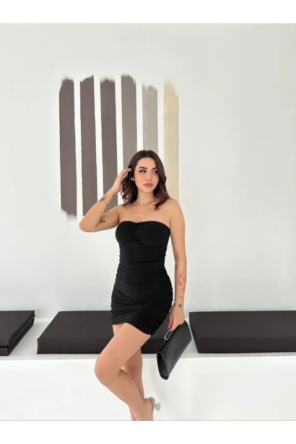 Bidebuvar Drapeli Straplez Mini Elbise Esnek Kumaş Vücuda Oturan Gece Elbisesi - Siyah