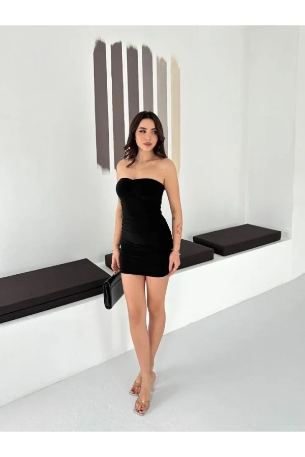 Bidebuvar Drapeli Straplez Mini Elbise Esnek Kumaş Vücuda Oturan Gece Elbisesi - Siyah