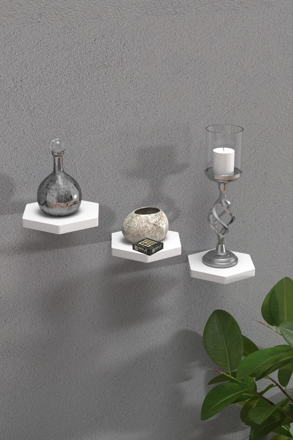 Bidebuvar Duvar Rafı Dekoratif 3 Adet Çiçeklik Altıgen Beyaz