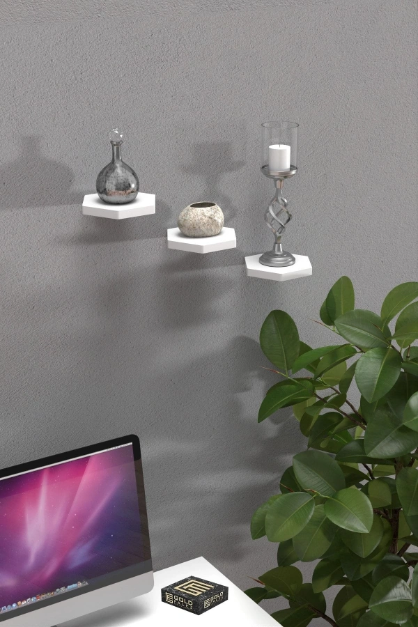 Bidebuvar Duvar Rafı Dekoratif 3 Adet Çiçeklik Altıgen Beyaz