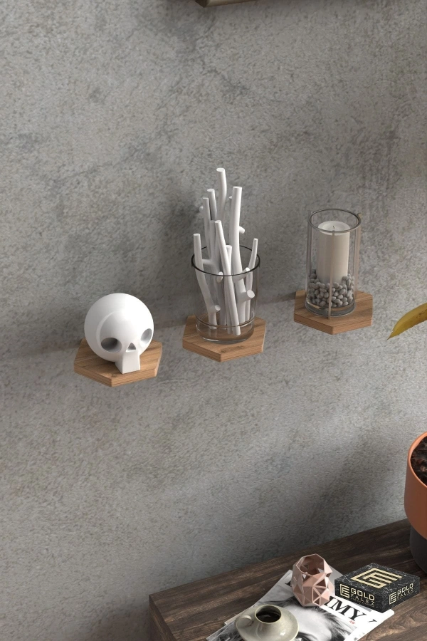 Bidebuvar Duvar Rafı Dekoratif 3 Adet Çiçeklik Altıgen Ceviz