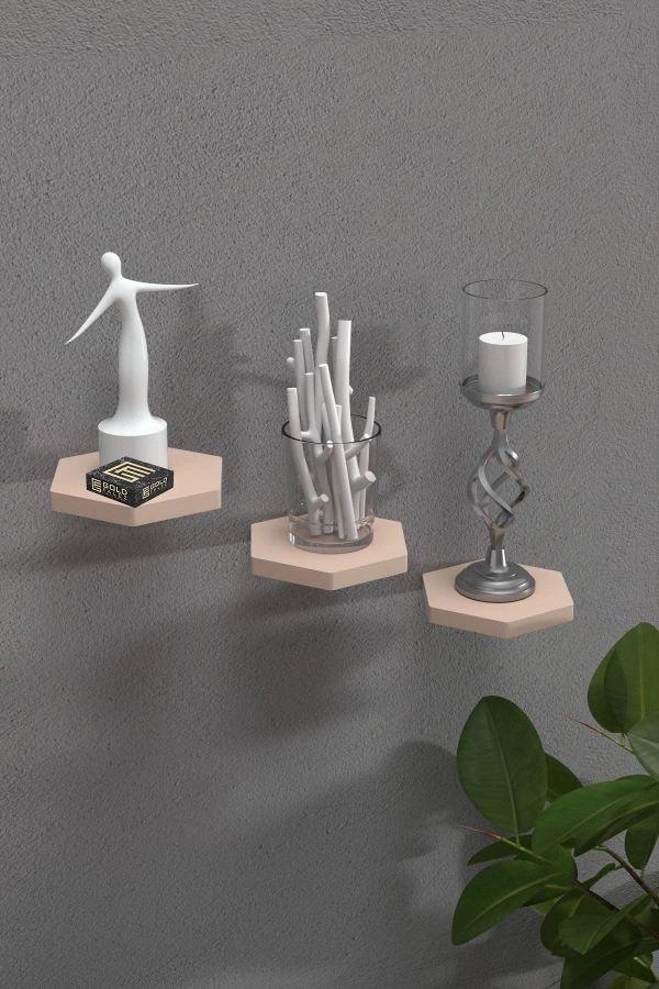 Bidebuvar Duvar Rafı Dekoratif 3 Adet Çiçeklik Altıgen Krem