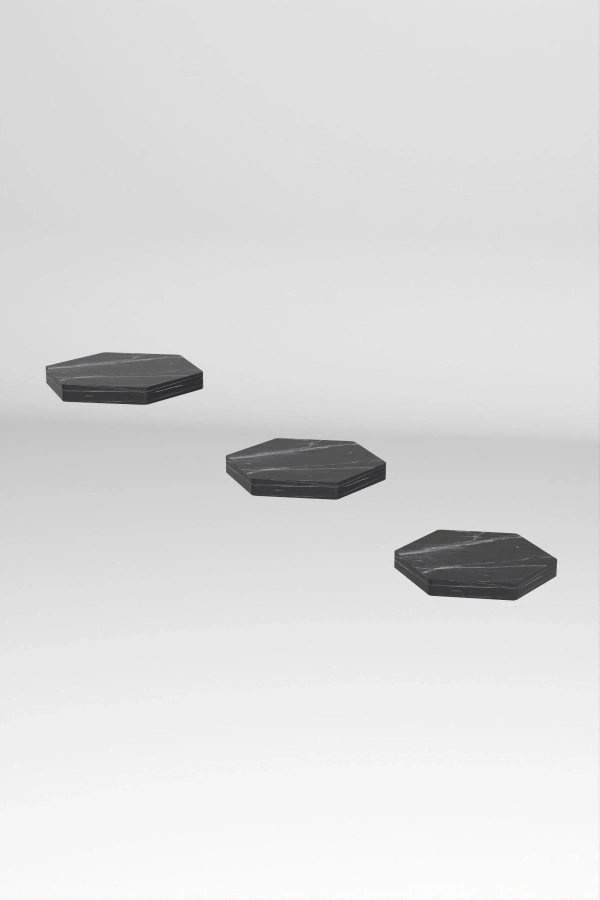 Bidebuvar Duvar Rafı Dekoratif 3 Adet Çiçeklik Altıgen Siyah Mermer Desen