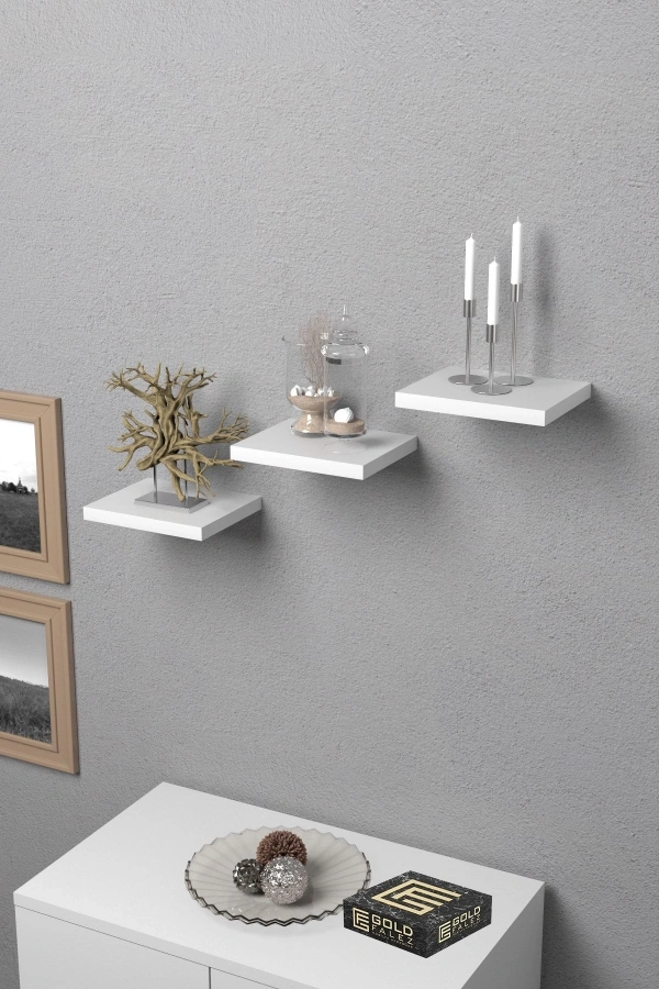 Bidebuvar Duvar Rafı Dekoratif 3 Adet Çiçeklik Kare Beyaz