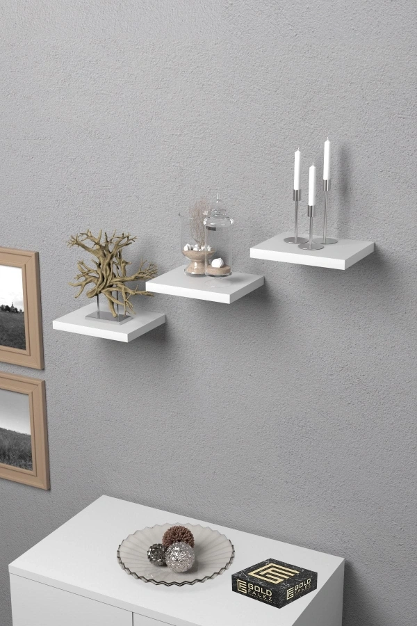 Bidebuvar Duvar Rafı Dekoratif 3 Adet Çiçeklik Kare Beyaz