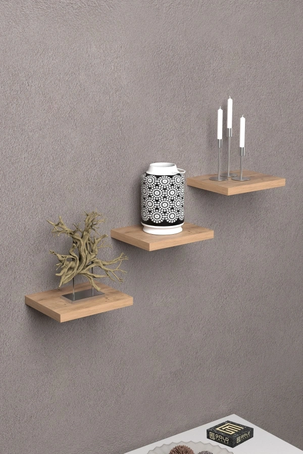 Bidebuvar Duvar Rafı Dekoratif 3 Adet Çiçeklik Kare Ceviz