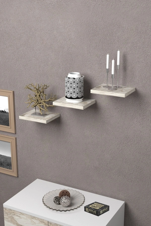 Bidebuvar Duvar Rafı Dekoratif 3 Adet Çiçeklik Kare Efes