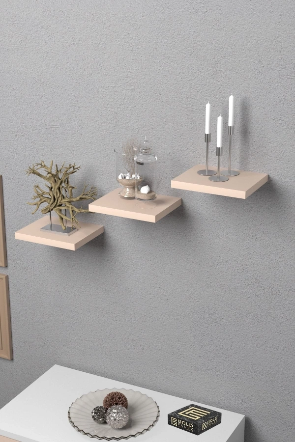 Bidebuvar Duvar Rafı Dekoratif 3 Adet Çiçeklik Kare Krem