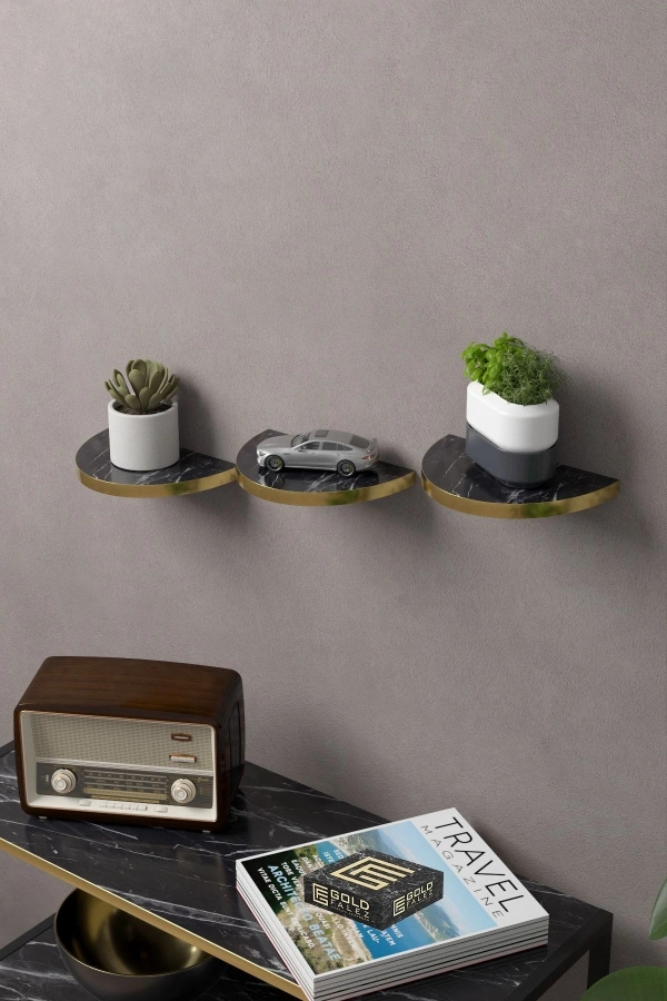 Bidebuvar Duvar Rafı Dekoratif 3 Adet Çiçeklik Oval Altın Bendir