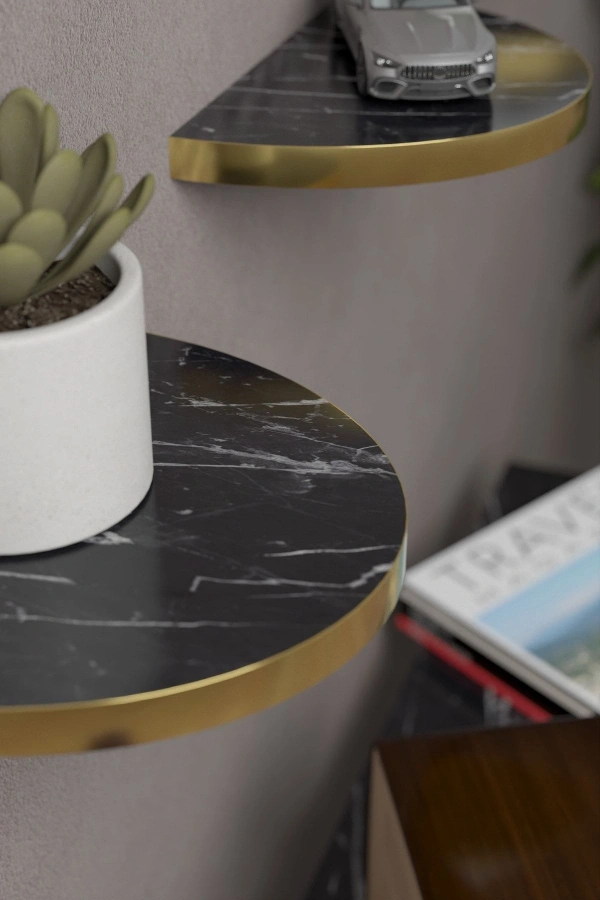 Bidebuvar Duvar Rafı Dekoratif 3 Adet Çiçeklik Oval Altın Bendir