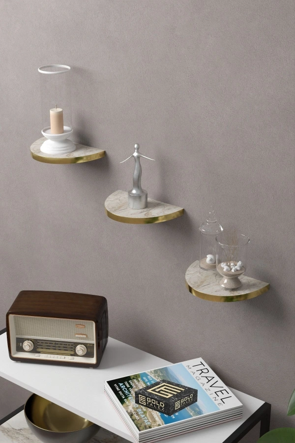 Bidebuvar Duvar Rafı Dekoratif 3 Adet Çiçeklik Oval Altın Efes