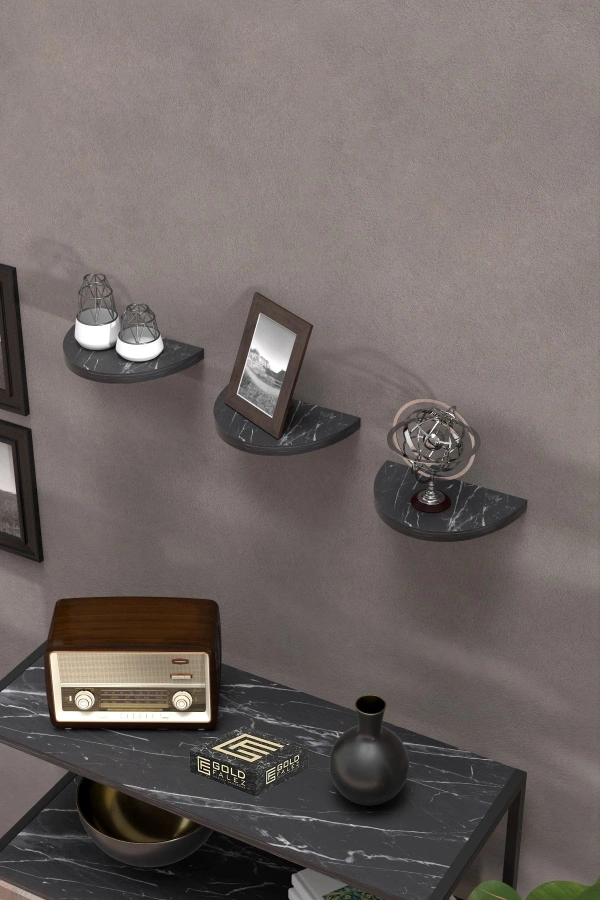 Bidebuvar Duvar Rafı Dekoratif 3 Adet Çiçeklik Oval Siyah Mermer Desen