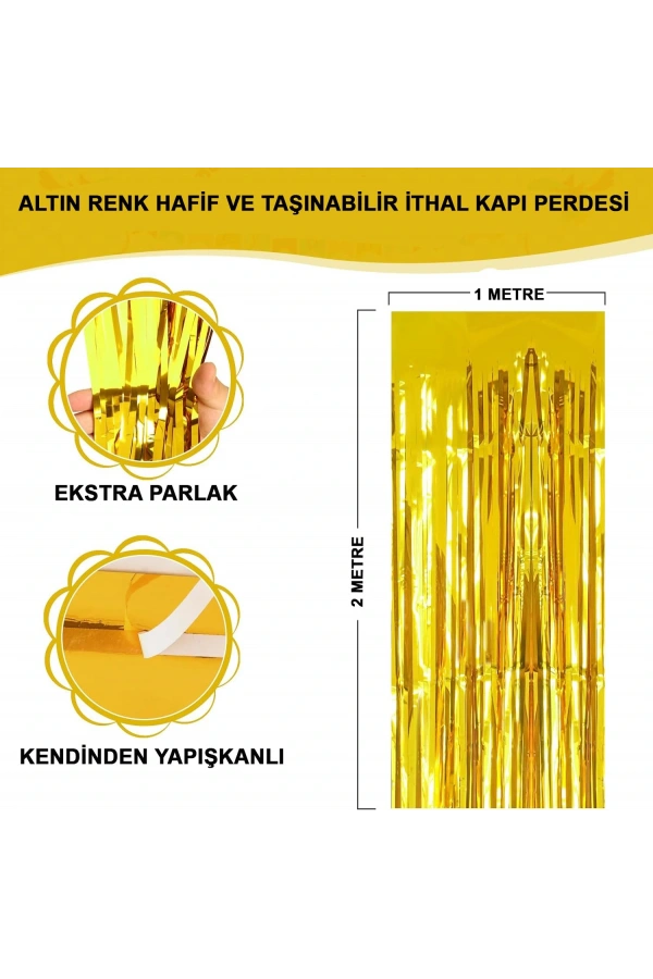 Bidebuvar Ekstra Metalize Parlak Saçaklı Arka Fon Perde Gold