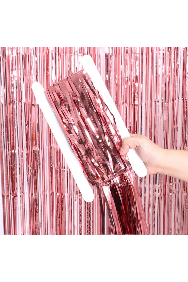 Bidebuvar Ekstra Metalize Parlak Saçaklı Arka Fon Perde Rose Gold