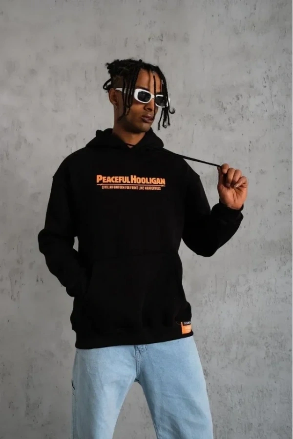 Bidebuvar Erkek Armalı Baskılı Kapüşonlu Sweatshirt - Siyah