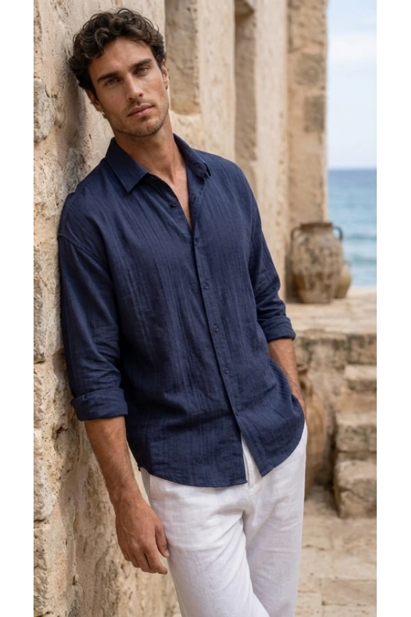 Bidebuvar Erkek Armürlü Yarım Oversize Müslin Gömlek