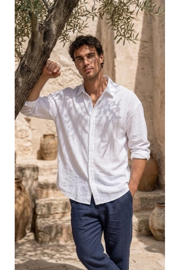 Bidebuvar Erkek Armürlü Yarım Oversize Müslin Gömlek