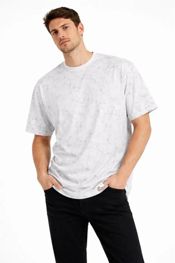 Bidebuvar Erkek Asit Yıkama Bisiklet Yaka Kısa Kollu Oversize T-Shirt Tişört - Beyaz