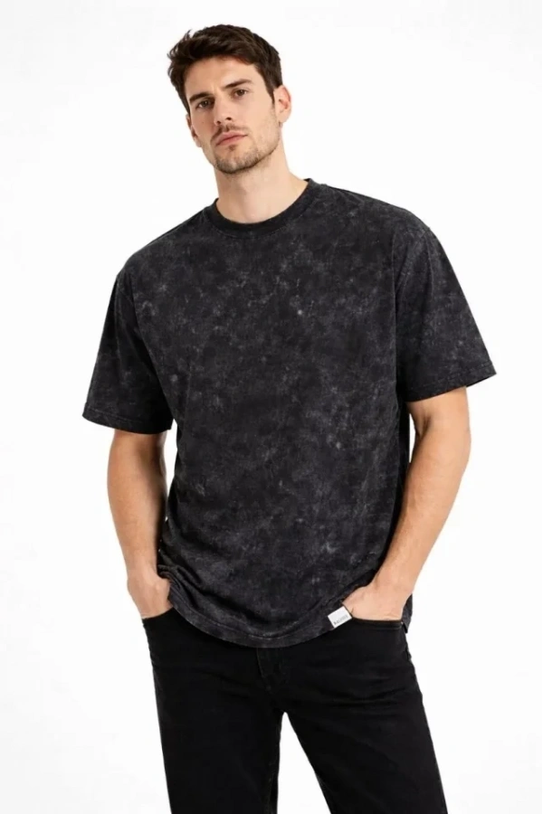 Bidebuvar Erkek Asit Yıkama Bisiklet Yaka Kısa Kollu Oversize T-Shirt Tişört - Siyah