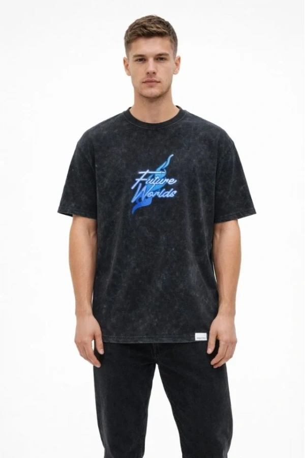 Bidebuvar Erkek Asit Yıkamalı Oversize Tişört Future Worlds Baskılı Bisiklet Yaka Kısa Kollu Streetwear %100 Pamuk Street Style T-Shirt - Siyah