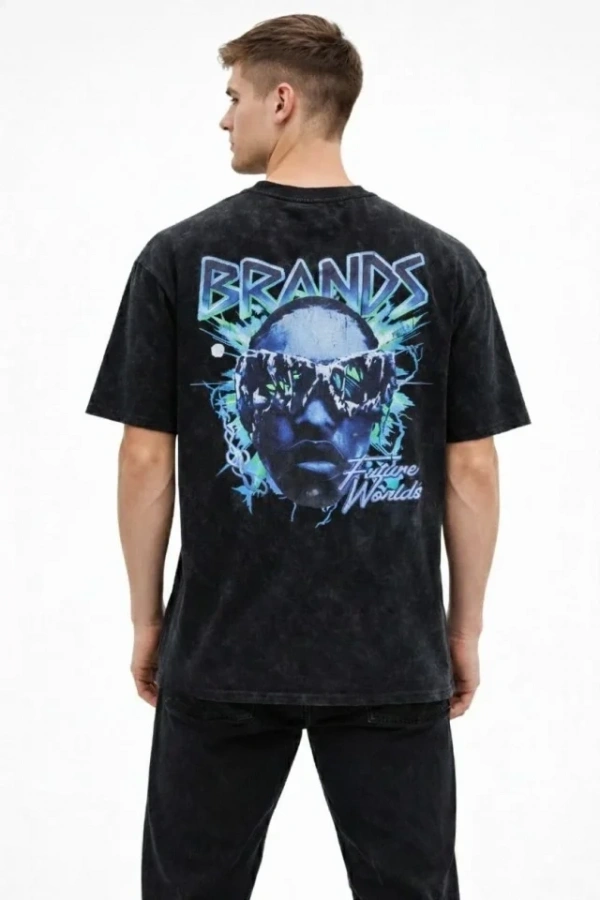 Bidebuvar Erkek Asit Yıkamalı Oversize Tişört Future Worlds Baskılı Bisiklet Yaka Kısa Kollu Streetwear %100 Pamuk Street Style T-Shirt - Siyah