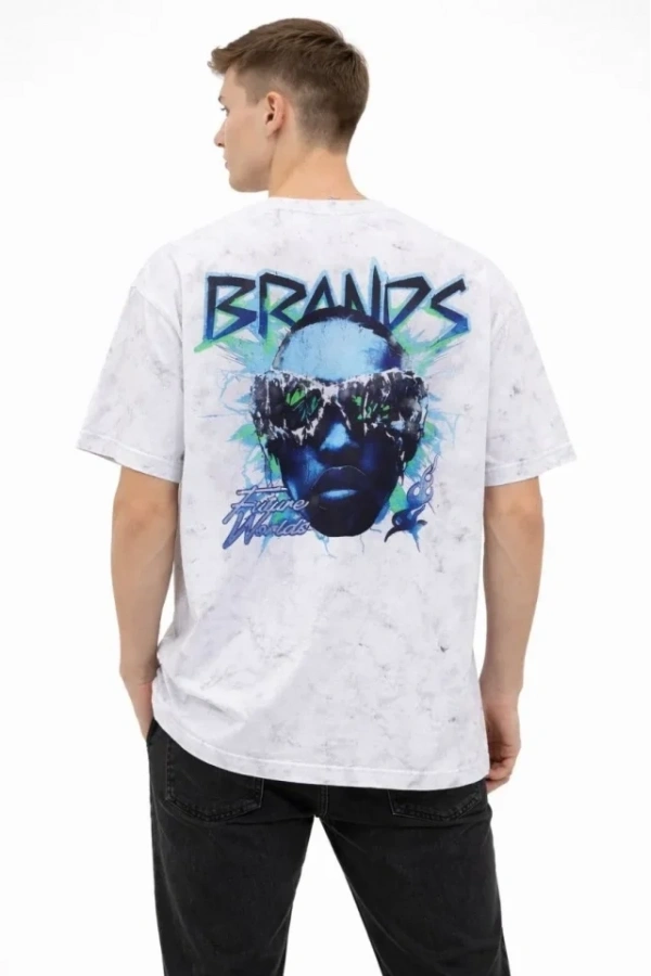 Bidebuvar Erkek Asit Yıkamalı Oversize Tişört Future Worlds Baskılı Bisiklet Yaka Kısa Kollu Streetwear %100 Pamuk Street Style T-Shirt - Beyaz