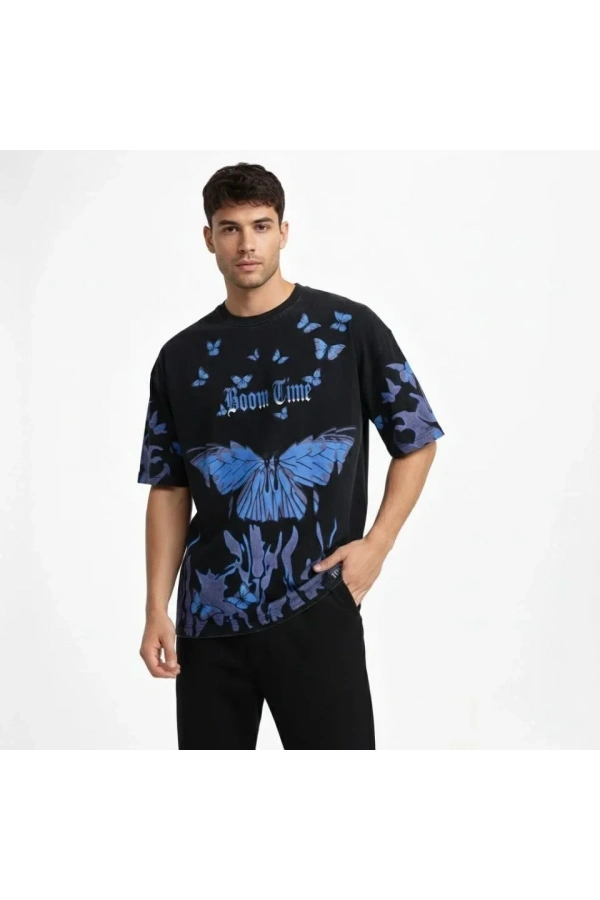 Bidebuvar Erkek Asit Yıkamalı Oversize Tişört Mavi Kelebek Baskılı Dijital Print Bisiklet Yaka Streetwear T-Shirt - Siyah