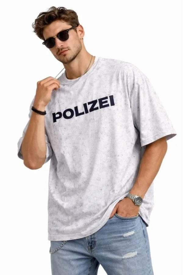 Bidebuvar Erkek Asit Yıkamalı Oversize Tişört ön Ve Arkası Baskılı %100 Pamuk Street Style T-Shirt - Beyaz